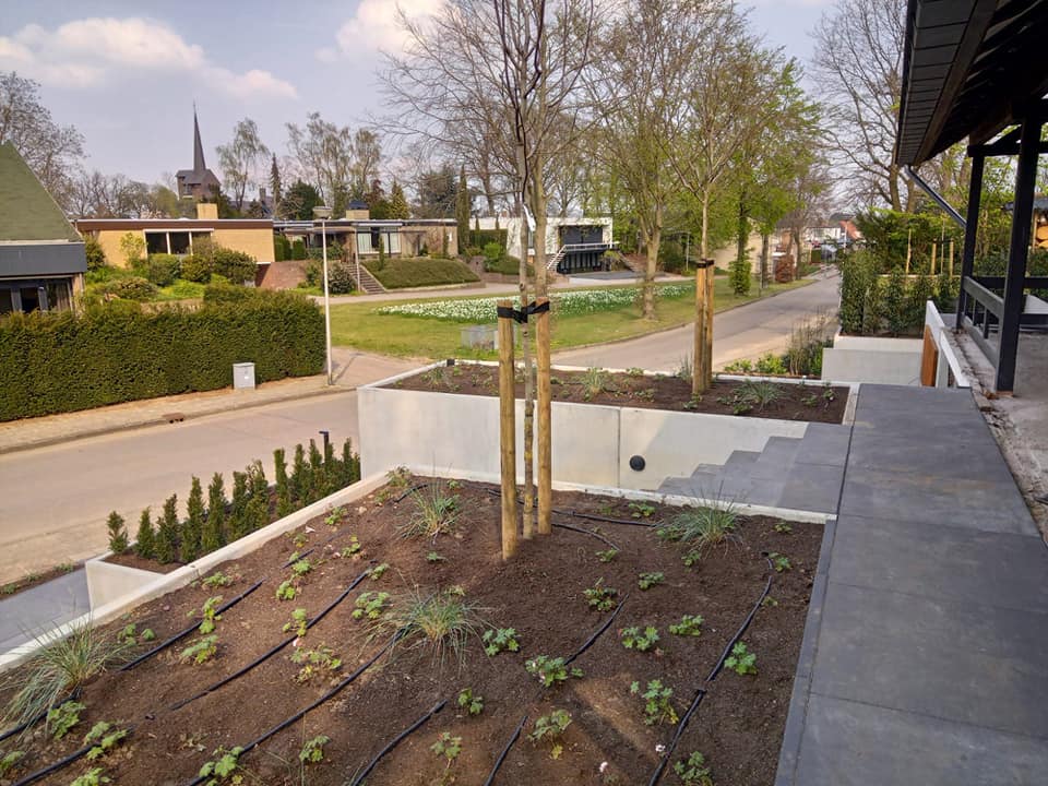 Bosch Beton - Niveauverschil met keerwanden in tuin in Grubbenvorst (© Fred van Wijlick Tuinen)